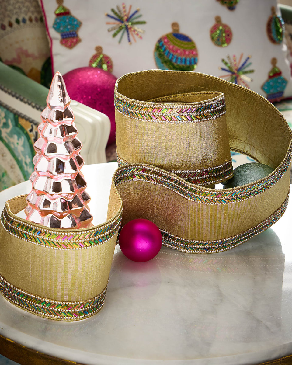 Iris Herringbone Rhinestone Metallic Dupion Ribbon, 4" x 5 Yards